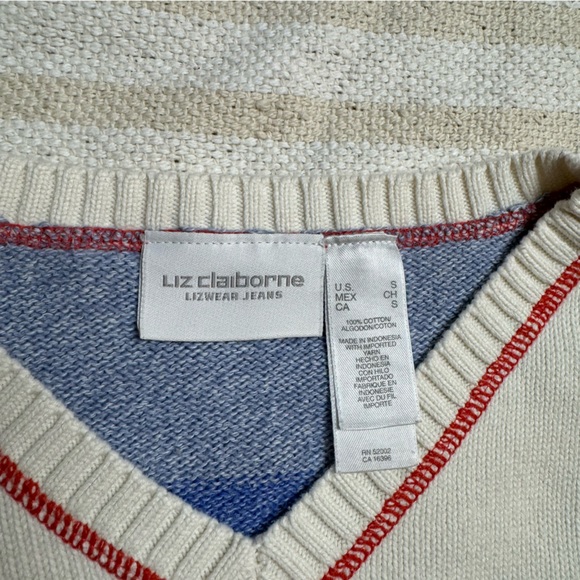 Liz Claiborne color block red white/cream and blue knit cotton sweater size s - Picture 8 of 8